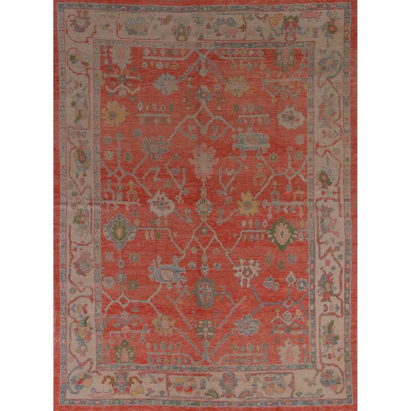 Hand Knotted Oriental 100% Wool Carpet Transitional All-Over Oranges & Rust Oushak Area Rug - 9' 11'' X 8' 1''