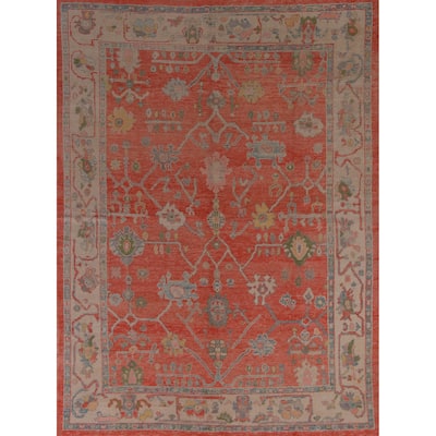 Hand Knotted Oriental 100% Wool Carpet Transitional All-Over Oranges & Rust Oushak Area Rug - 9' 11'' X 8' 1''