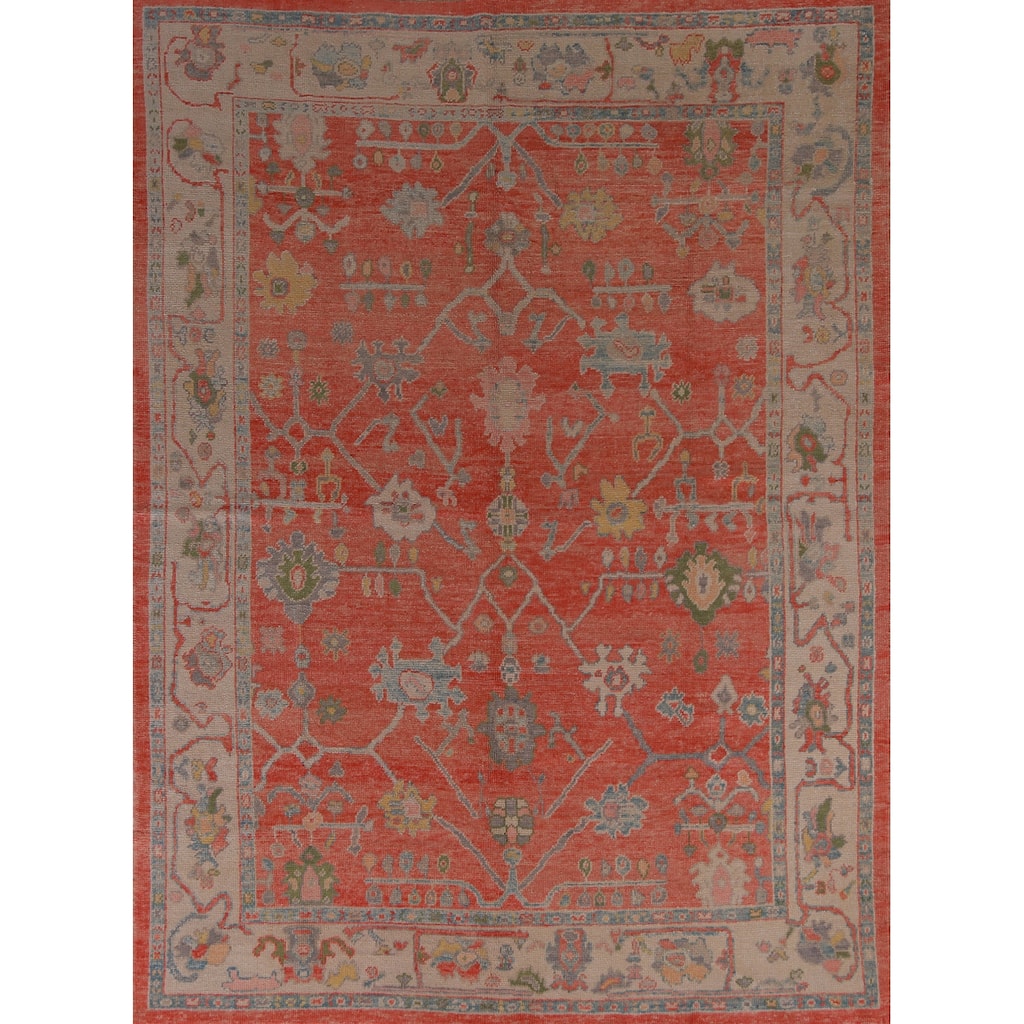 Hand Knotted Oriental 100% Wool Carpet Transitional All-Over Oranges & Rust Oushak Area Rug - 9' 11'' X 8' 1''