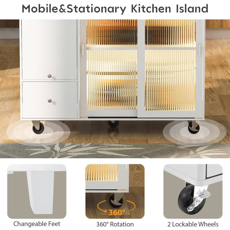 LED Light Kitchen Cart with Drop Leaf and Adjustable Shelf