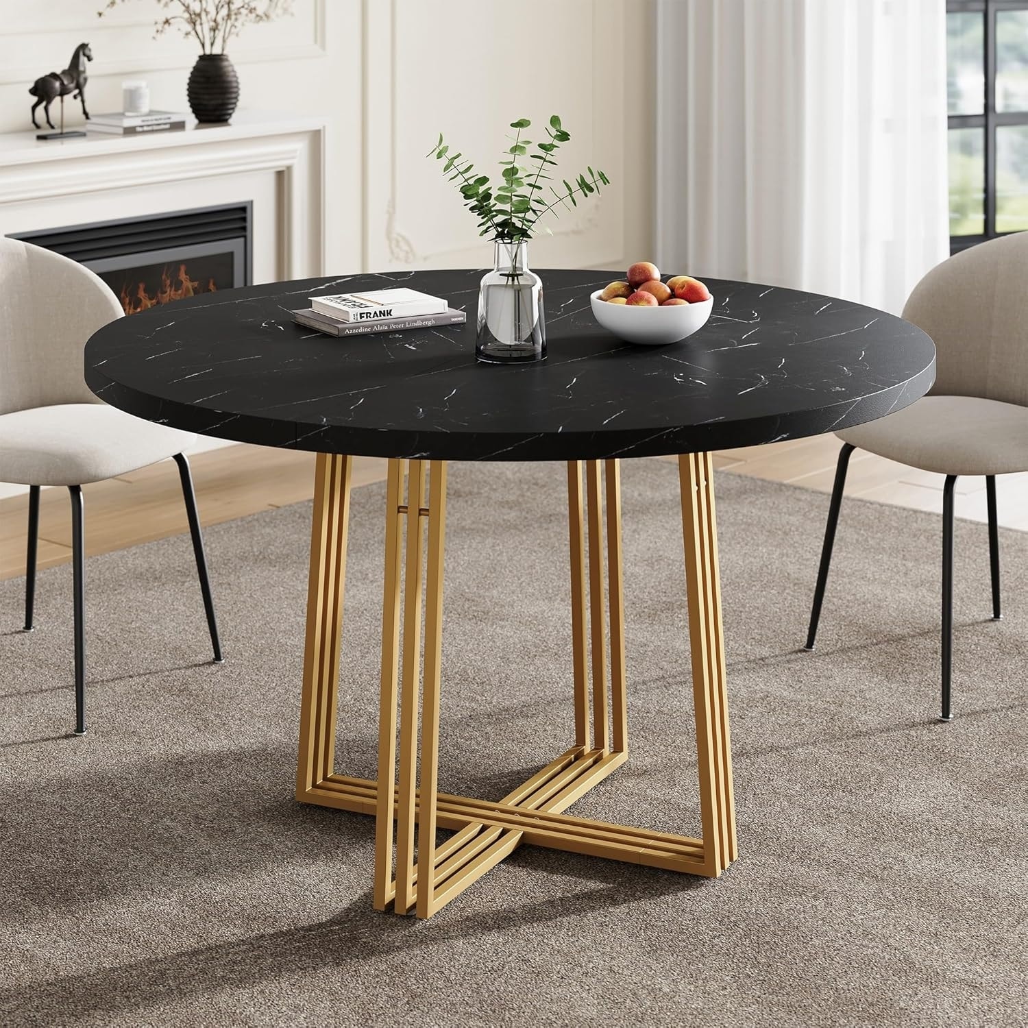 Modern Round Wooden Dining Table with Marble Finish and Gold Base, 43.3-Inch Diameter, 300-Pound Capacity - Black