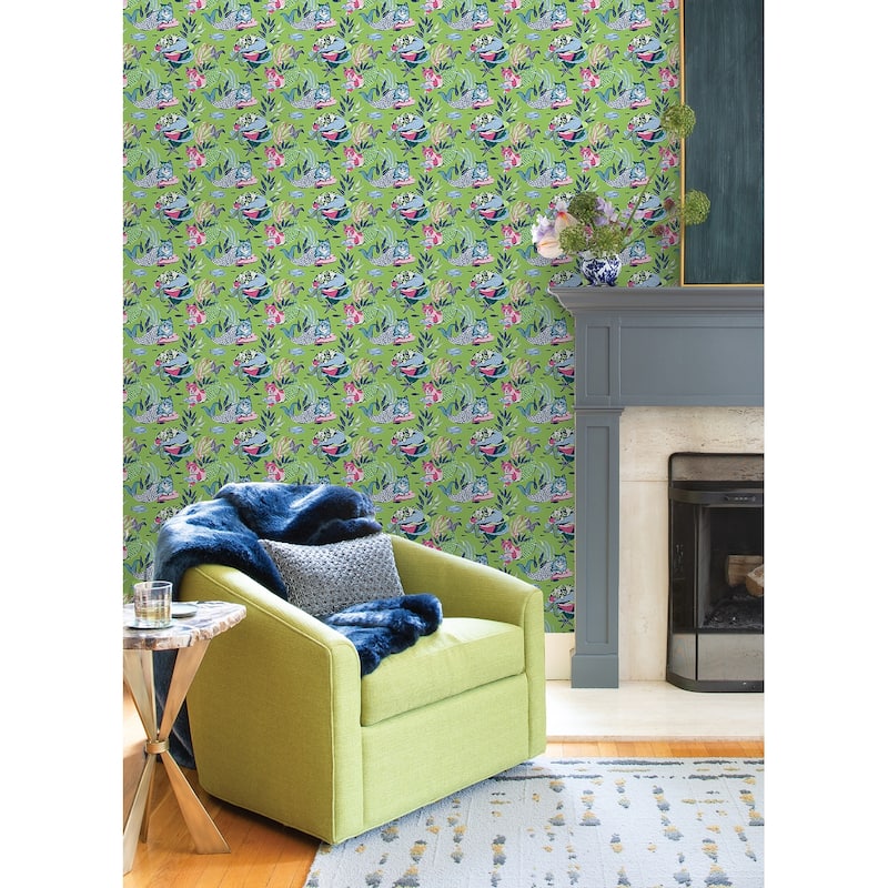 PrintFresh Meowing Mermaids Lime Green Peel and Stick Wallpaper