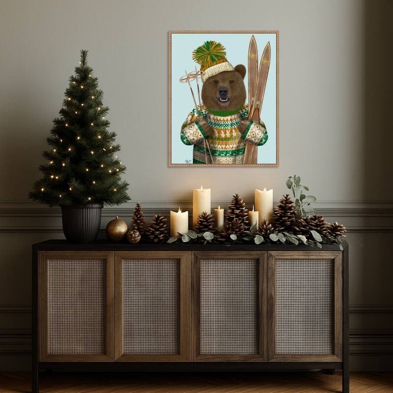 Bear in Christmas Sweater by Fab Funky (23 x 28 in.), Framed Canvas Wall Art Print - Sylvie Beaded Rustic Natural
