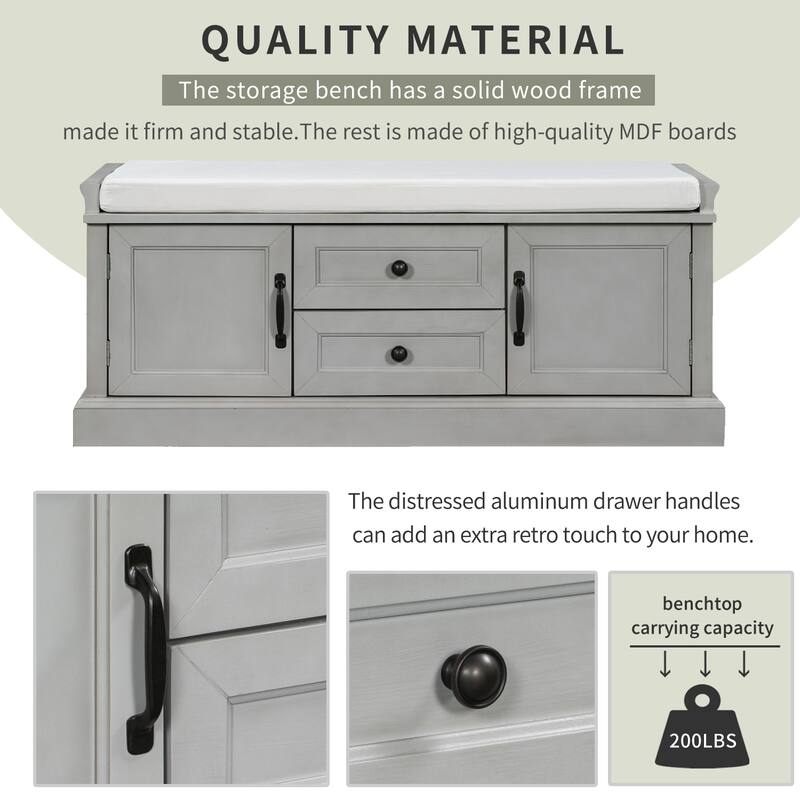 Storage Bench with 2 Drawers, 2 Cabinets and Removable Cushion - 42.5"L x 15.9"W x 17.5"H
