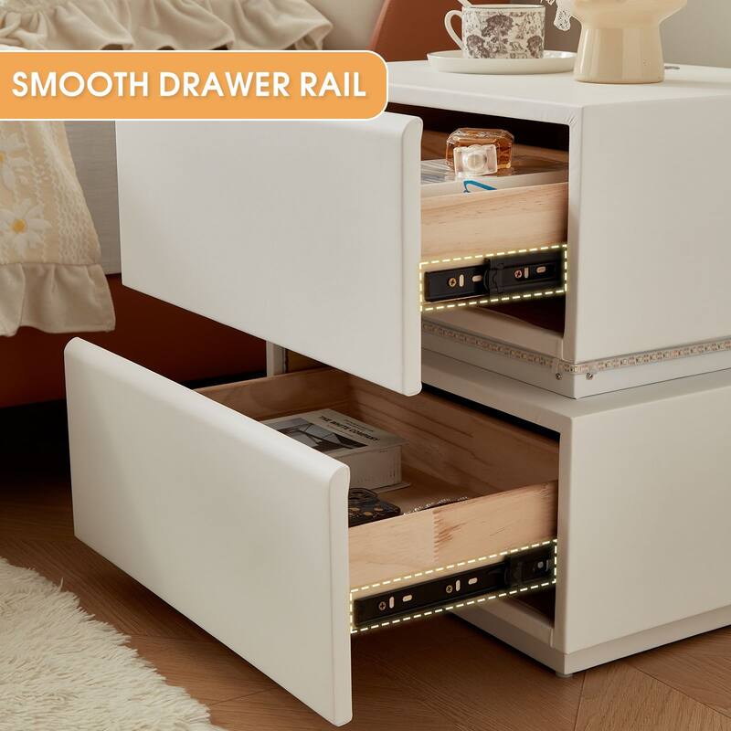 LED Light Bar Nightstand, 2 Drawer Modern Leather Wrapped Nightstand for End of Bed, Side Table, No Assembly Required - White