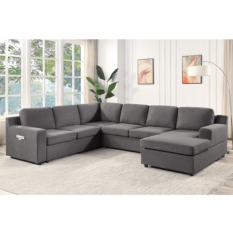 Linen 6-Seater U-Shape Sectional Sofa Chaise and Pocket in Gray