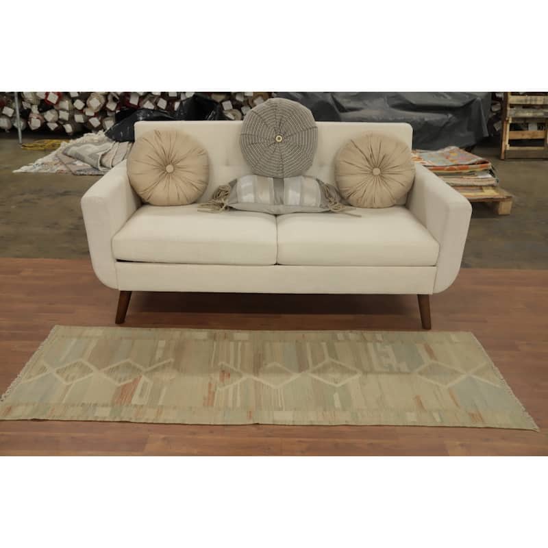 Hand Woven Oriental 100% Wool Carpet Southwestern Tribal Beige & Ivories Kilim Runner Rug - 6' 3'' X 2' 2''