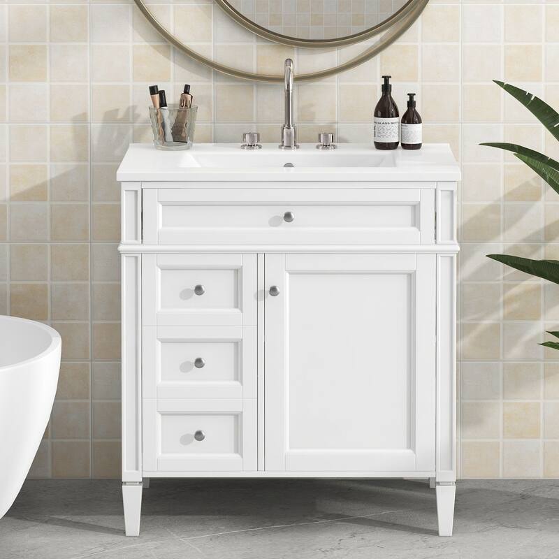 Modern 30" Bathroom Vanity with Ceramic Sink, 2 Drawers & Tip-Out Drawer for Bathroom Storage
