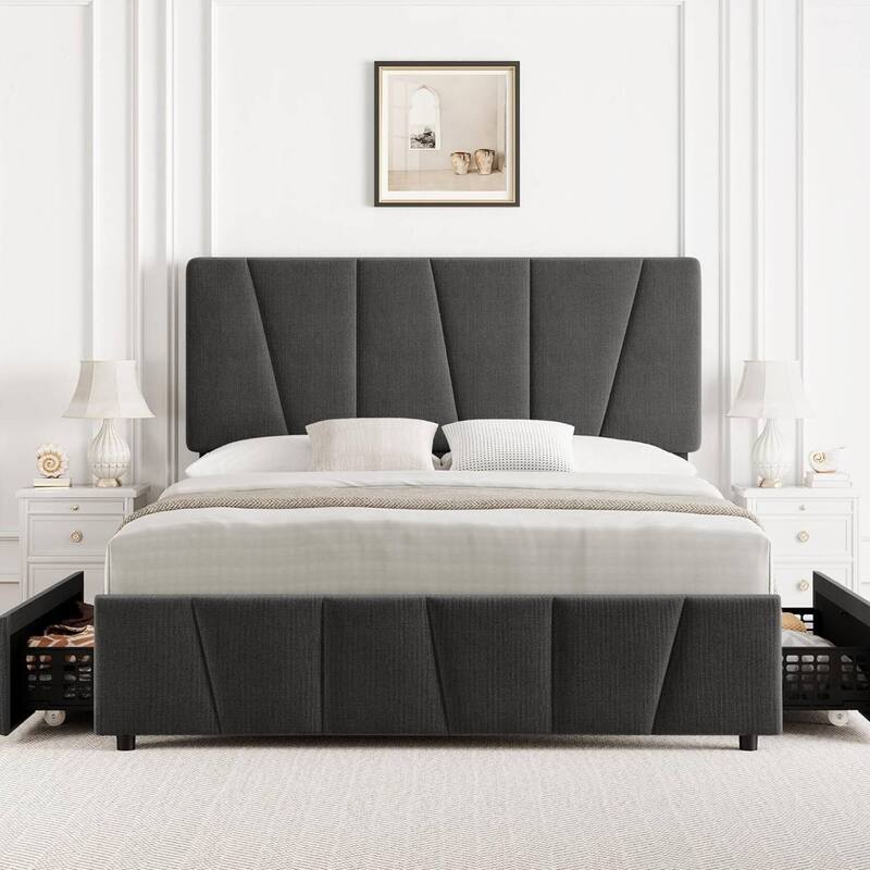 Upholstered Platform Bed Frame with Headboard and 4 Storage Drawers
