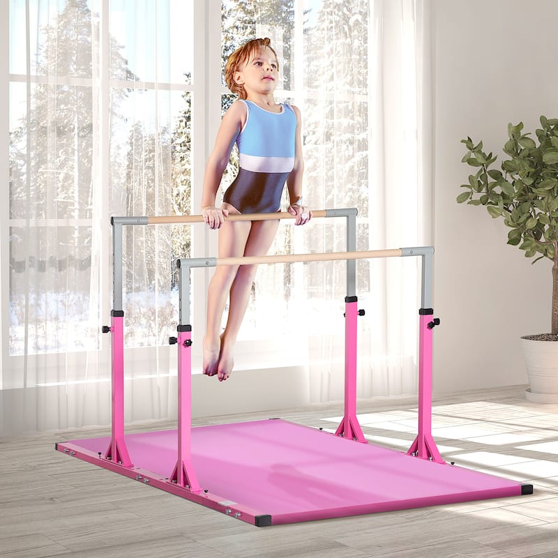 Qaba Double Horizontal Bars, Junior Gymnastic Training Parallel Bars with Double-locking System - Pink