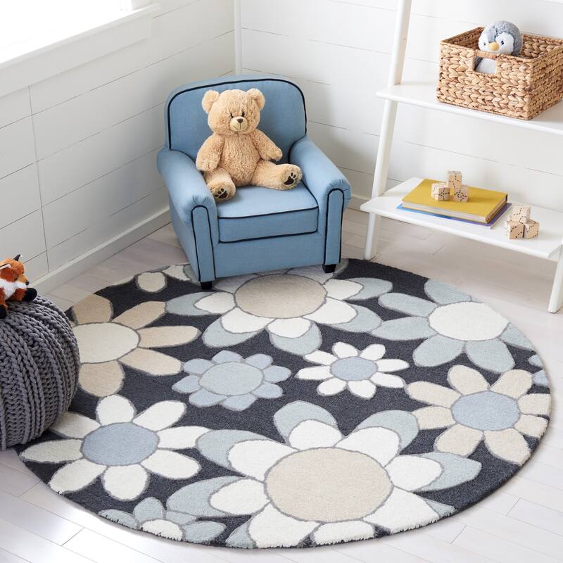 SAFAVIEH Handmade Kids Khadijah Floral Wool Rug - 5' Round - Charcoal/Ivory