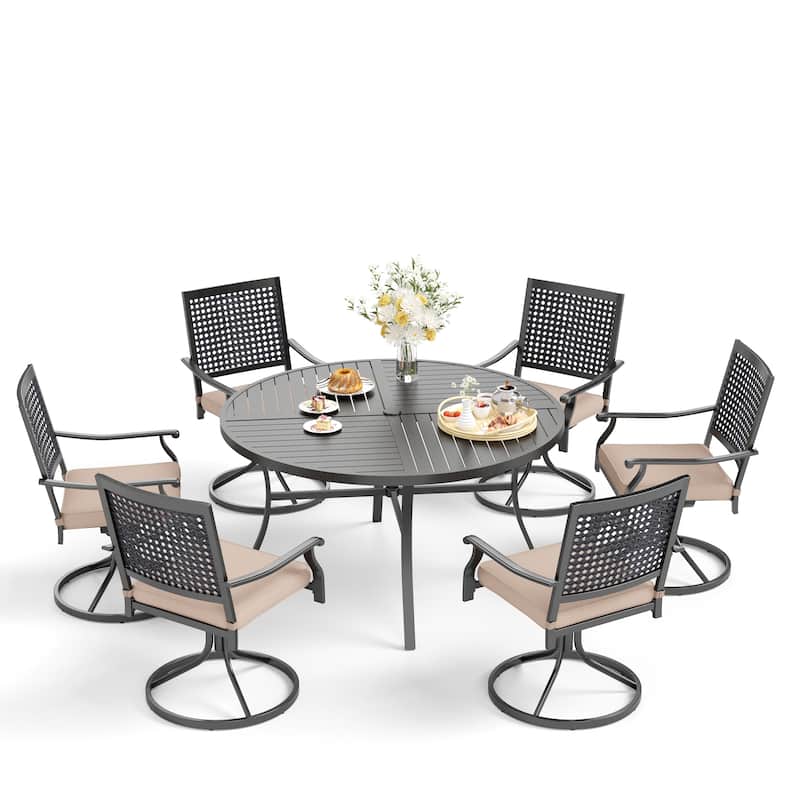 MAISON ARTS 7-Piece Patio Dining Set , Large Round Dining Table with Umbrella Hole & Metal Swivel Dining Chairs