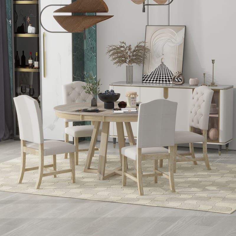 5 Piece Extendable Round Dining Table Set, Wooden Kitchen Furniture Set with Removable Leaf and 4 Upholstered Chairs