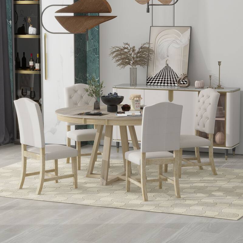 5-Piece Retro Functional Dining Set, Round Table with a 16"W Leaf and 4 Upholstered Chairs for Dining Room and Living Room