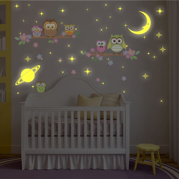slide 2 of 5, Walplus Glow in Dark Moon Stars Owl Tree Wall Sticker Nursery Decor
