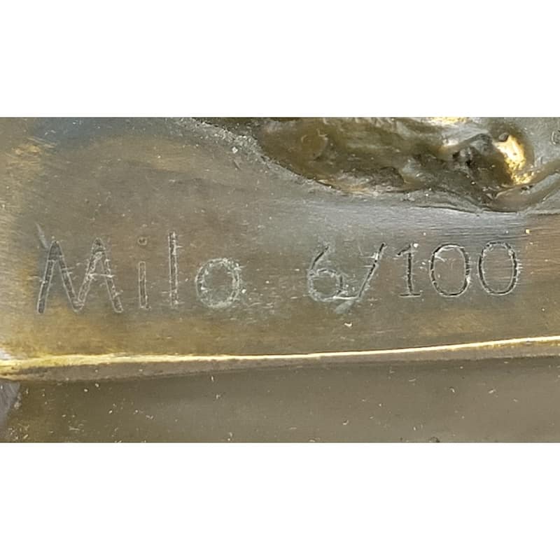 Charging Rearing Imitative Bull Bronze Sculpture On Marble Base Signed Milo