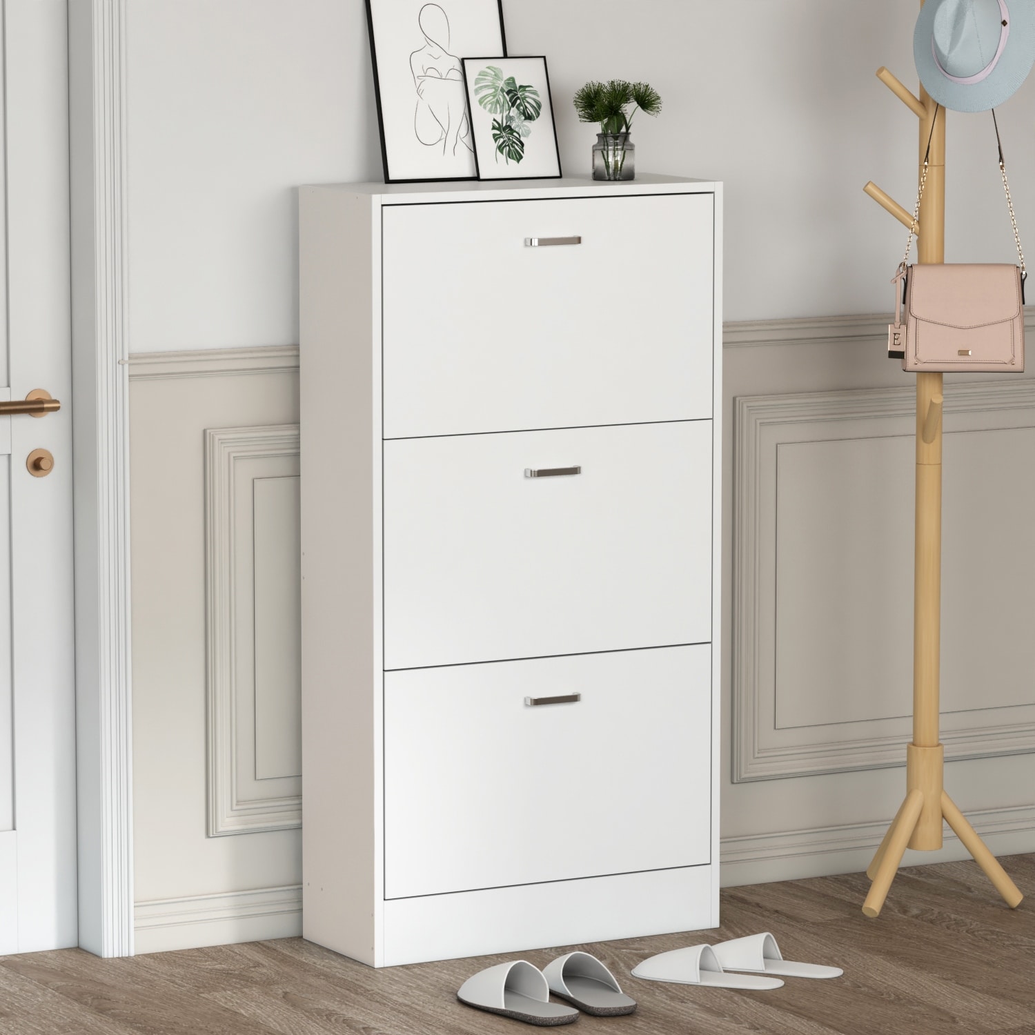 23.6"W Trendy Shoe Storage Cabinet with 3 Large Fold-Out Drawers