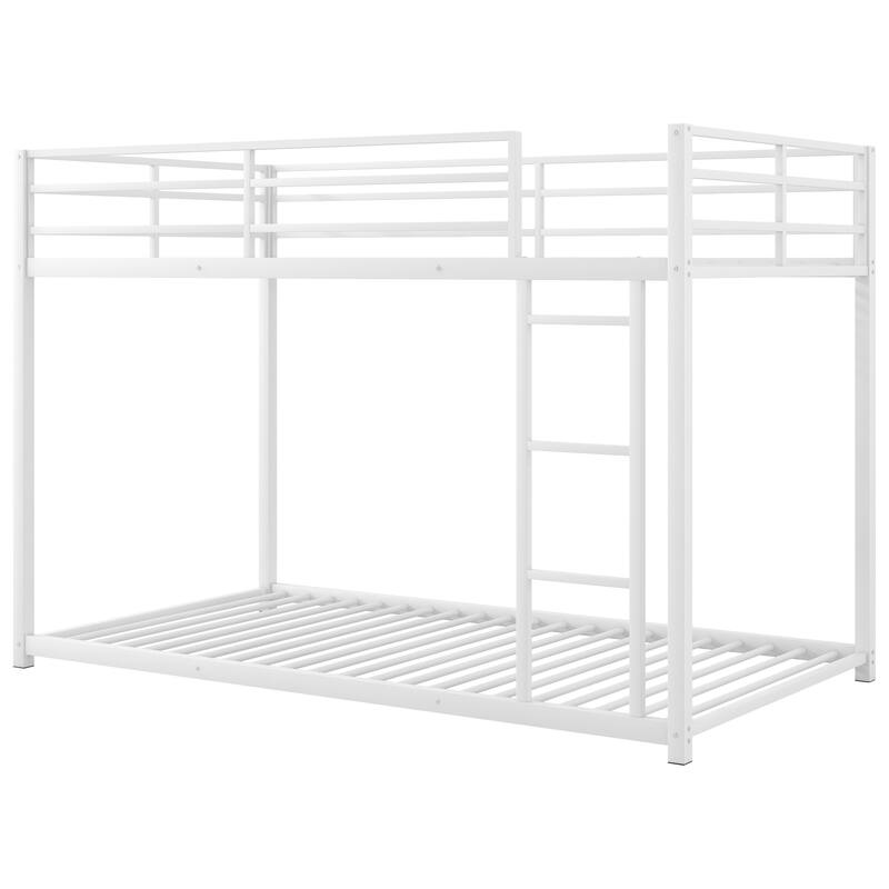 Twin/Full Size Metal Low Bunk Bed, Heavy Duty Steel Bunk Bed Frame with Built In Ladder and Guardrail