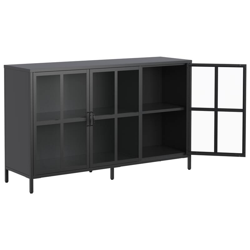 Sideboard Cabinet with Glass Doors, Coffee Bar Cabinet with Shelves, Steel Storage Cabinet with Adjustable Feet