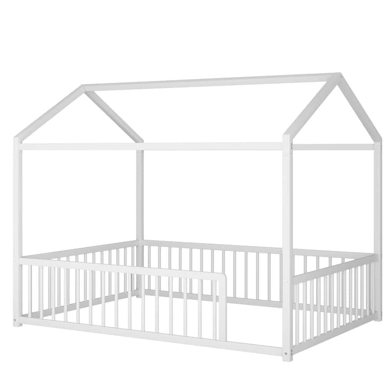 Montessori Metal House Bed with Low Entry & 3-Side Fence by Harper&Bright Designs