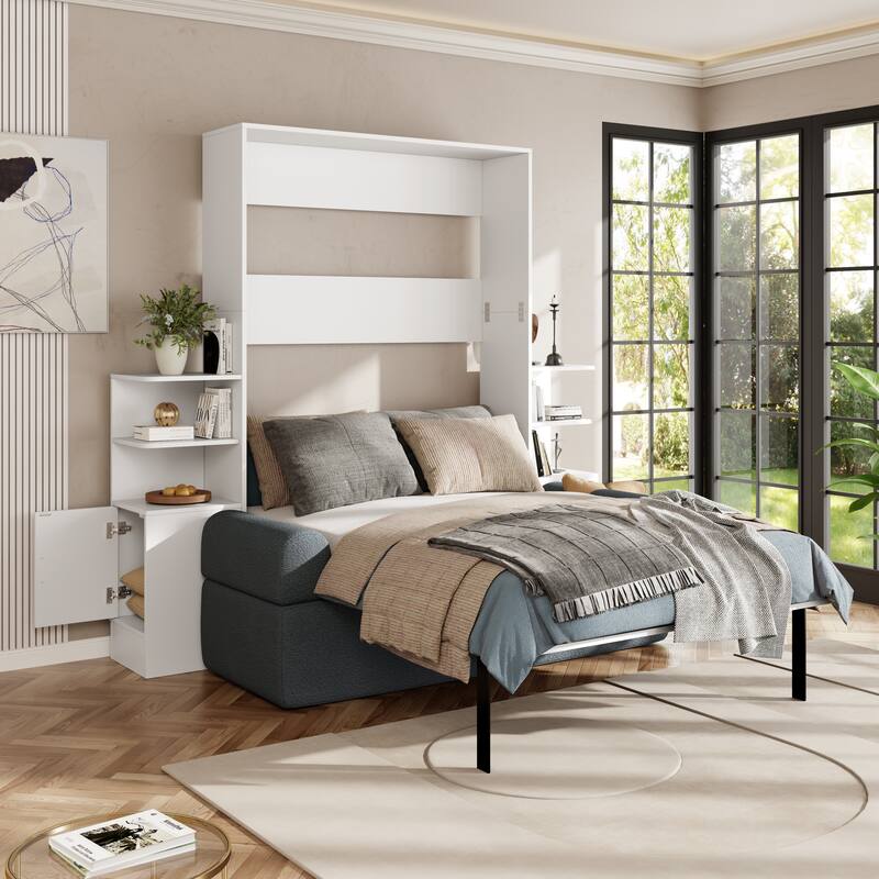 Queen Size Wall Murphy Bed with Sofa, Open Shelves and Side Cabinets