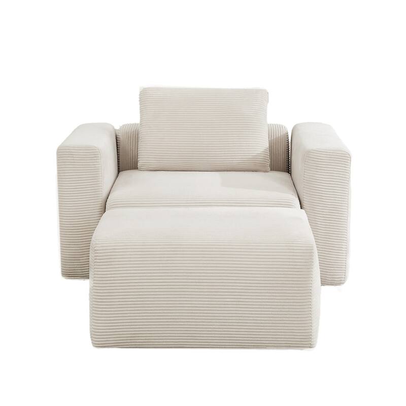 Corduroy Sectional Modular Sofa with Square Arms & Ottoman Extension for Flexible Arrangements - Single Sofa & i Ottoman - Off White