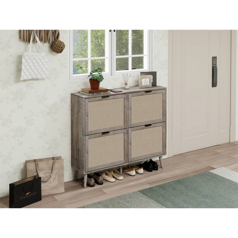 GDFStudio - Modern Engineered Rattan Shoe Storage Cabinet with 4 Doors