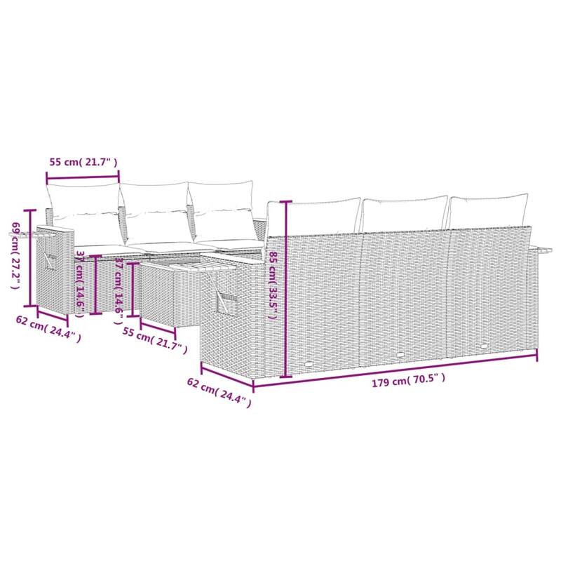 vidaXL Patio Sofa Set with Cushions Outdoor Furniture 7 Piece Poly Rattan - 21.7 x 21.7 x 14.6 in