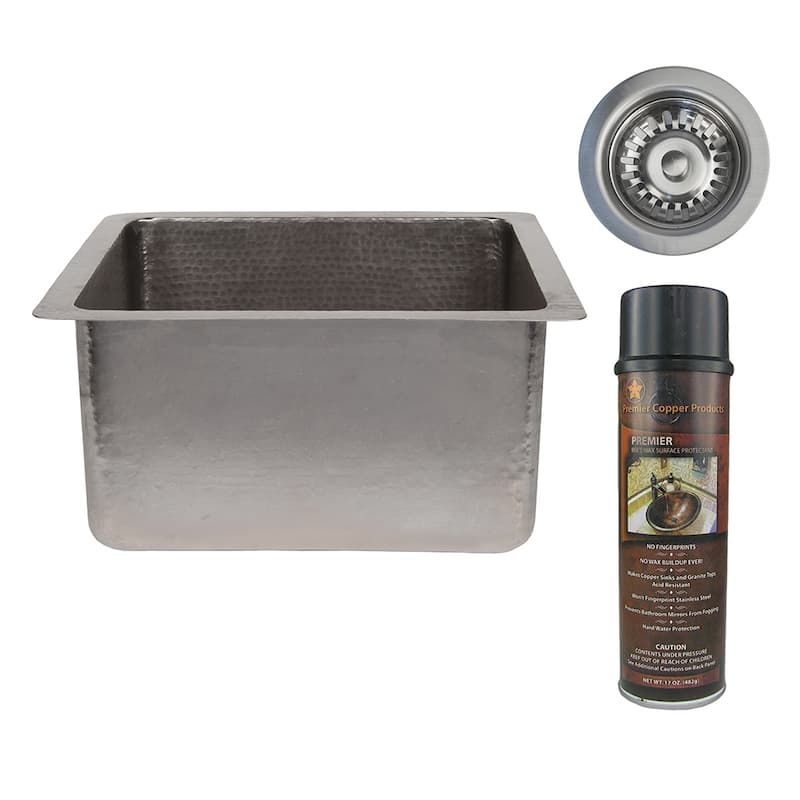 16" Gourmet Rectangular Hammered Copper Bar/Prep Sink in Nickel, Matching Drain and Accessories