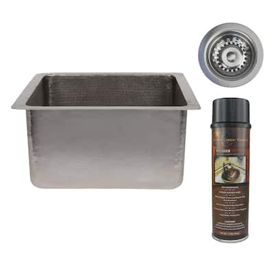 16" Gourmet Rectangular Hammered Copper Bar/Prep Sink in Nickel, Matching Drain and Accessories