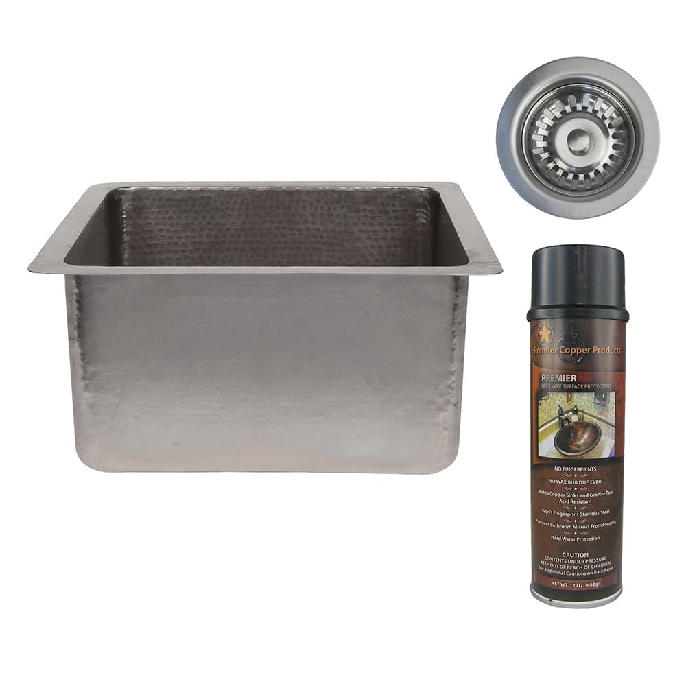 16" Gourmet Rectangular Hammered Copper Bar/Prep Sink in Nickel, Matching Drain and Accessories