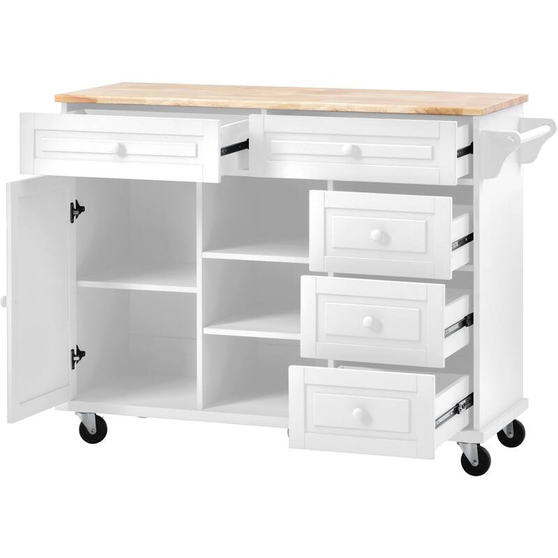 Rolling Kitchen Island Cart with Rubber Wood Top, 5 Drawers, Storage Cabinet & Adjustable Shelves - 53" Black