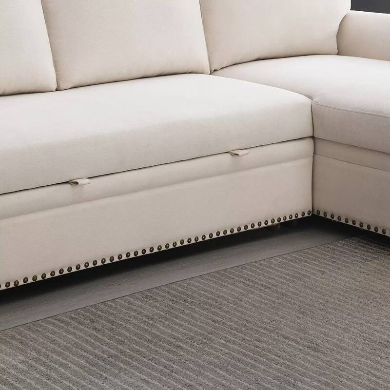 Morden Fort Reversible L-Shaped Sofa Bed with Storage - Velvet Upholstery, Button Tufting, and Nailhead Trim
