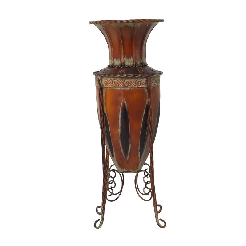 Metal Tall Vase with Attached Metal Stand and Intricate Design - Brown - Roche River Decor - 9"W x 9"L x 27"H