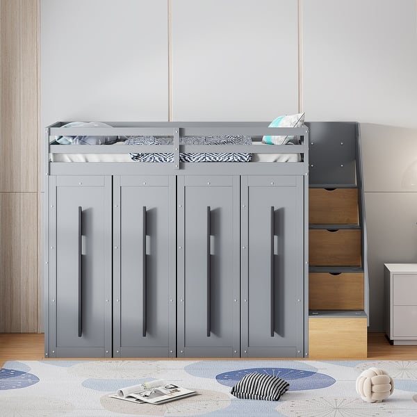 slide 2 of 40, Twin Size Loft Bed with Storage Stairs and 4 Wardrobes Underneath, Space Saving Wooden Loftbed Frame for Kids & Teens Bedroom Grey - Twin