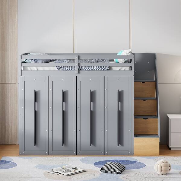slide 2 of 20, Twin Size Loft Bed with Storage and Pull-Out Wardrobes Grey