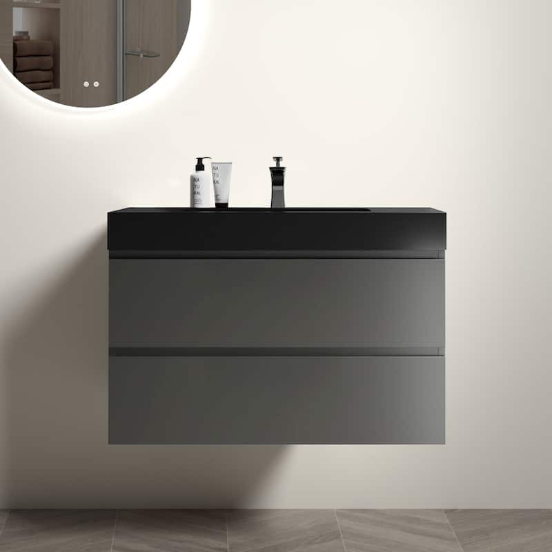 36"Bathroom Vanity with Sink,Storage Wall Mounted Floating Bathroom Vanity,One-Piece Black Sink Basin without Drain and Faucet - Black+ Gray