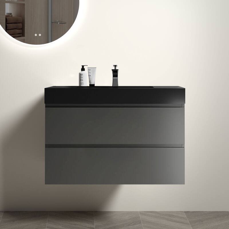 Modern Large Storage Wall Mounted Bathroom Vanity with Sink Basin without Drain and Faucet - Black+Grey