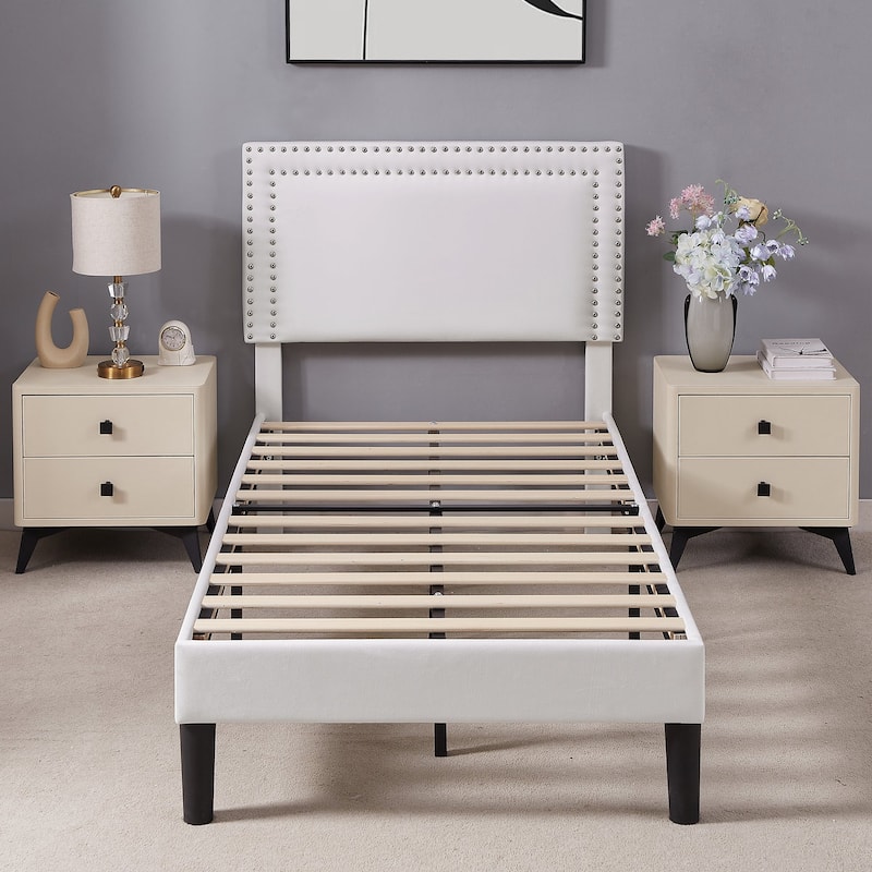 VECELO Twin Size Kids Beds Set of 2 Adjustable Headboard Soft Upholstered Headboard with Rivet Detail 8" Underbed Storage