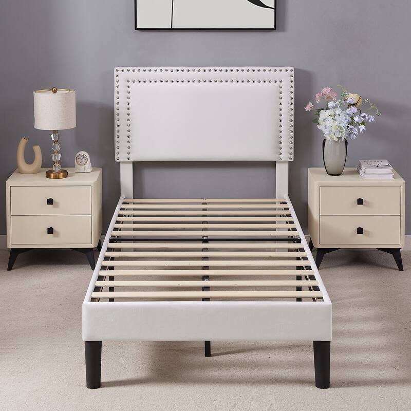VECELO Upholstered Bed Frames with Height Adjustable Headboard