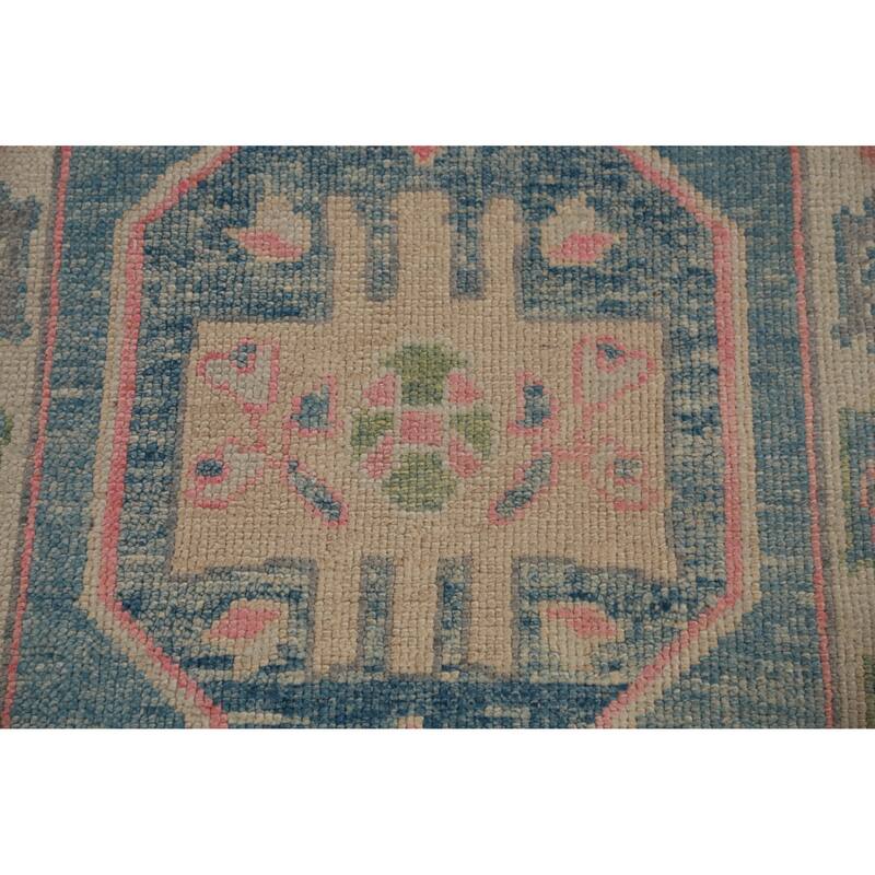Hand Knotted Oriental 100% Wool Carpet Transitional Geometric Navy Blue & Blues Oushak Runner Rug - 11' 9'' X 3' 3''