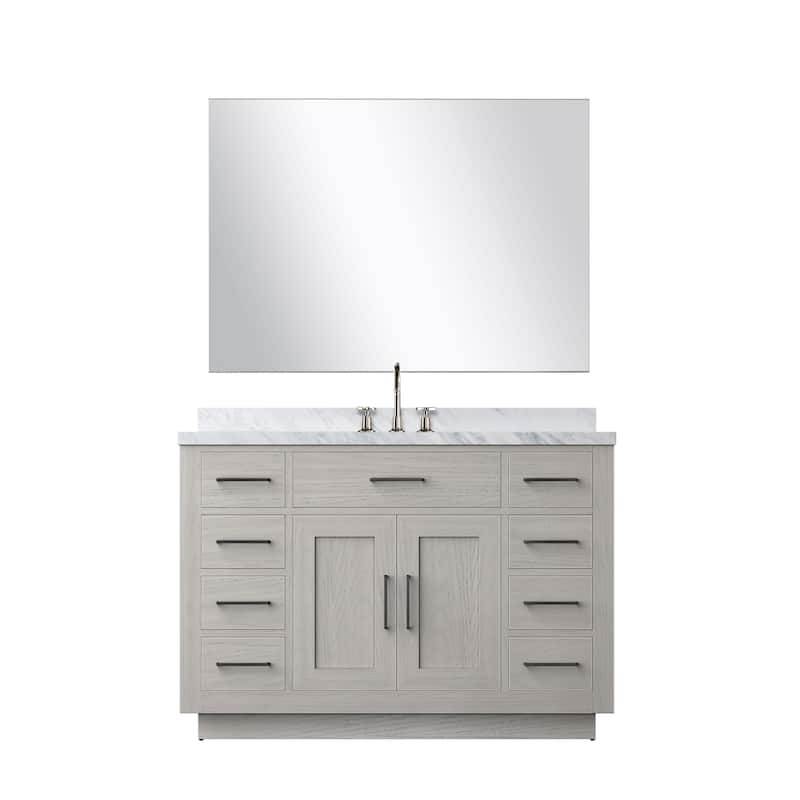 Abbey Bath Vanity with Carrara Marble Top, Sink, Mirror and Faucet - 48 inch - White Oak