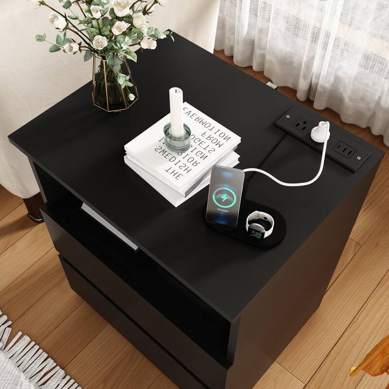 Nightstand with Charging Station, Sofa Side Table with Open Shelves & 2 Drawers, Large Capacity Wood Storage Cabinet - Black