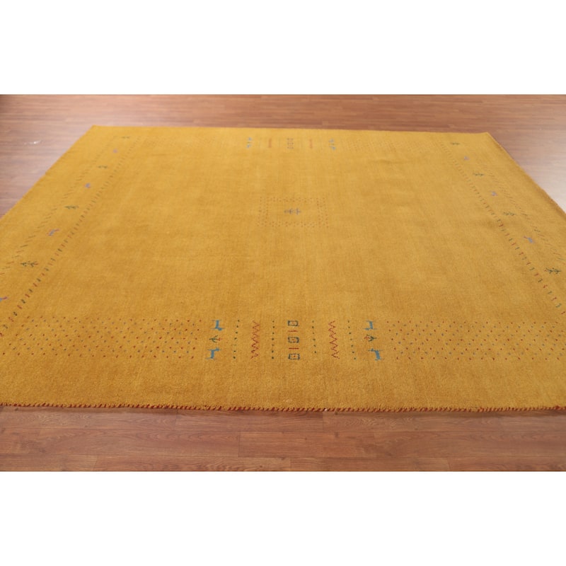 Tribal Gabbeh Area Rug Hand-Knotted Yellow Wool Carpet - 8'1"x 9'8"