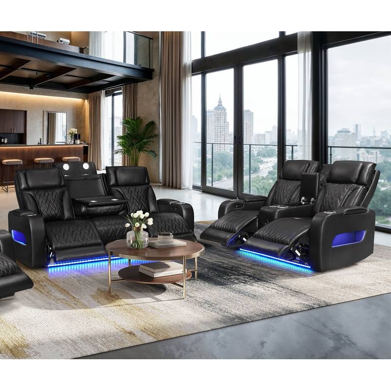 Jazz Leather Aire Pwr Reclining Sofa & Loveseat Set w/Pwr Headrest, BT Spkrs, LED, Wireless Chrg Drop Tbl, USB, Strg & Cuphldrs