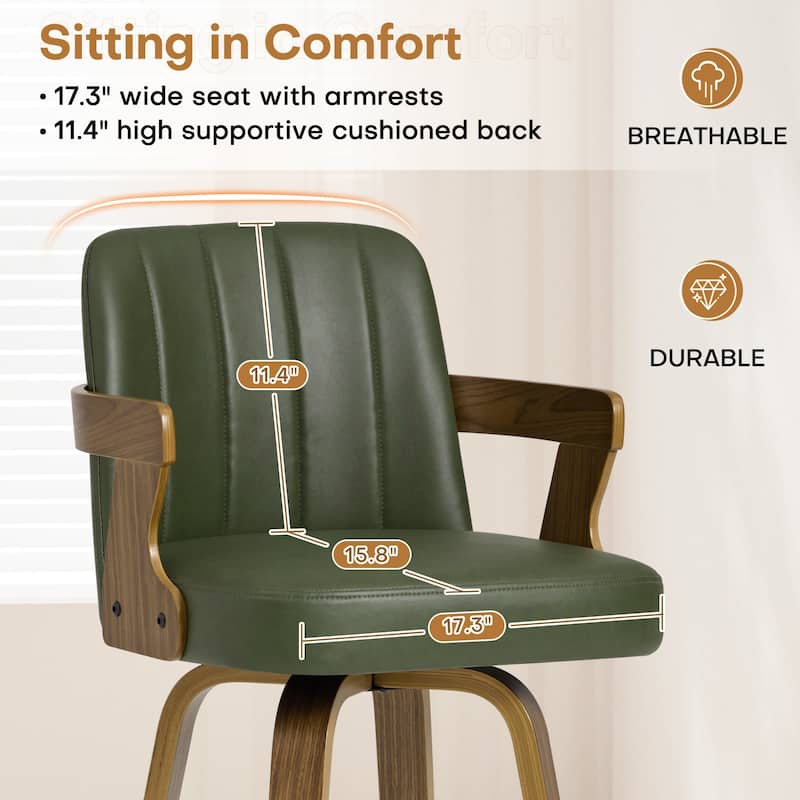 Upholstered Wood Swivel Counter Height Barstool with Arms