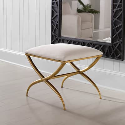 Small Upholstered Bench with Crossed Legs - 23.5" - Antique Gold Finish