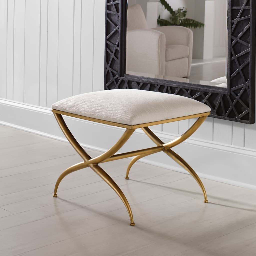 Small Upholstered Bench with Crossed Legs - 23.5" - Antique Gold Finish