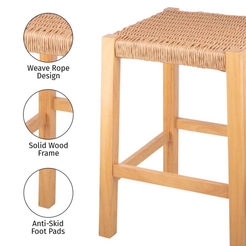 Newport 24"H Wood Counter Height Stool 24 with Handcrafted Woven Rope Seat, Natural