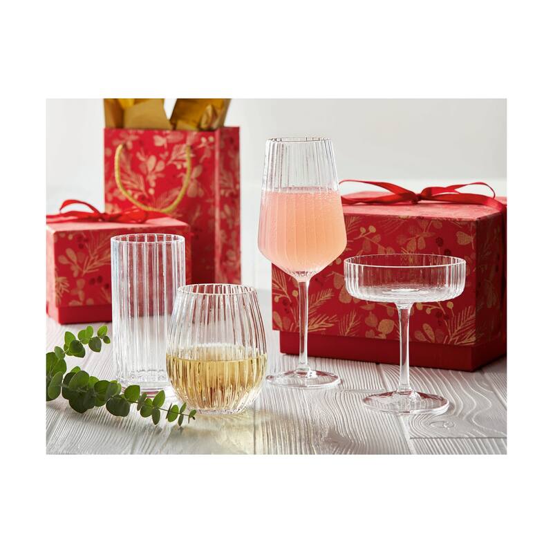 Gramercy Fluted Stemless Wine Glasses - Clear Drinkware, 18oz Capacity, Everyday Use, Hand Wash Only